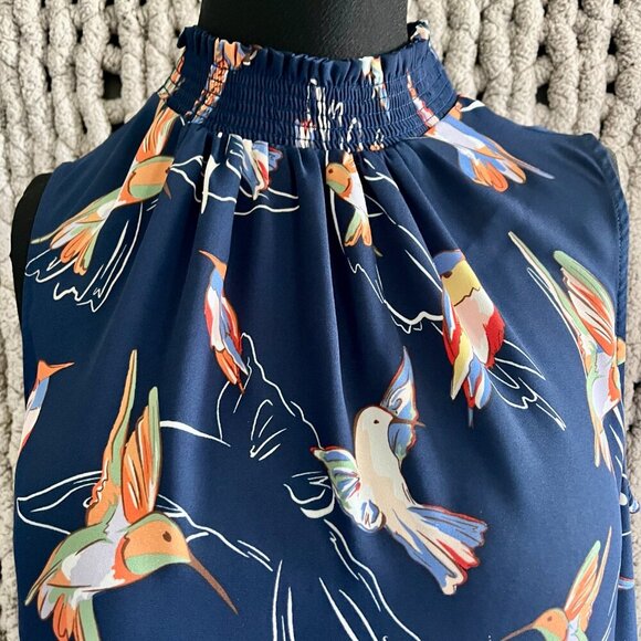 Navy Hummingbird Print Sleeveless Blouse Size M - Picture 2 of 11